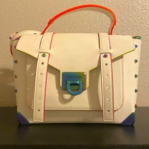White with chrome studs, neon straps, Michael Kors, school bag purse